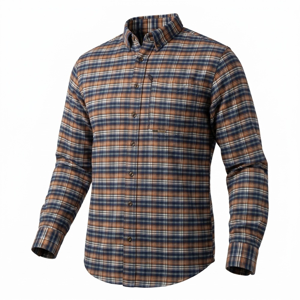 DRAKE Flannel Shirt Mens L Blue Orange Plaid Stretch Button Down Outdoor Pocket